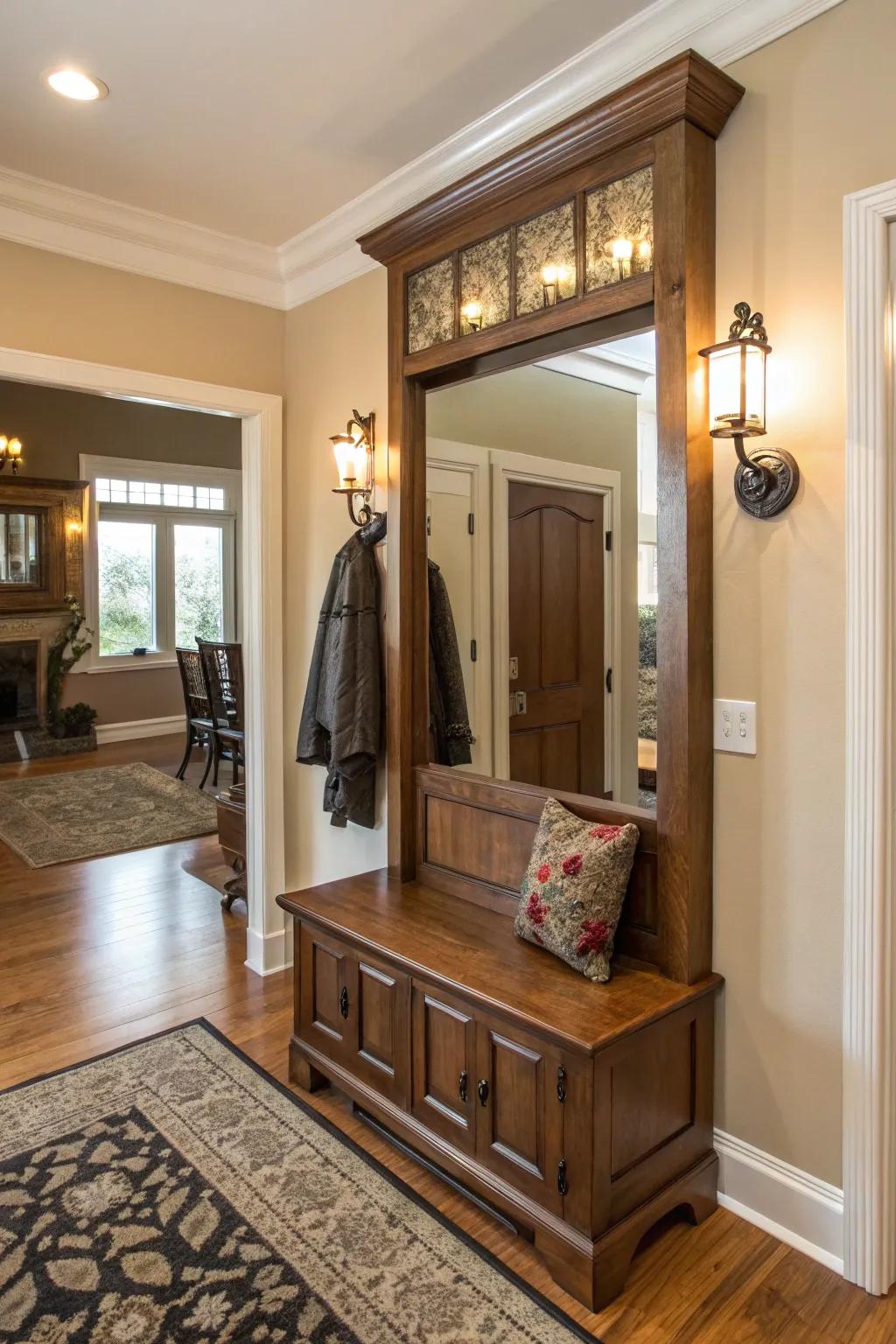 Add space with a mirrored hall tree.