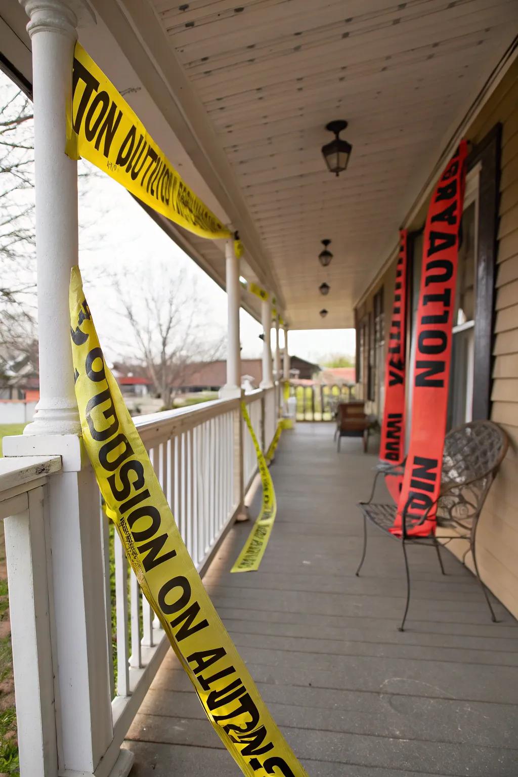 DIY warning ribbon banners that enhance the Halloween vibe.