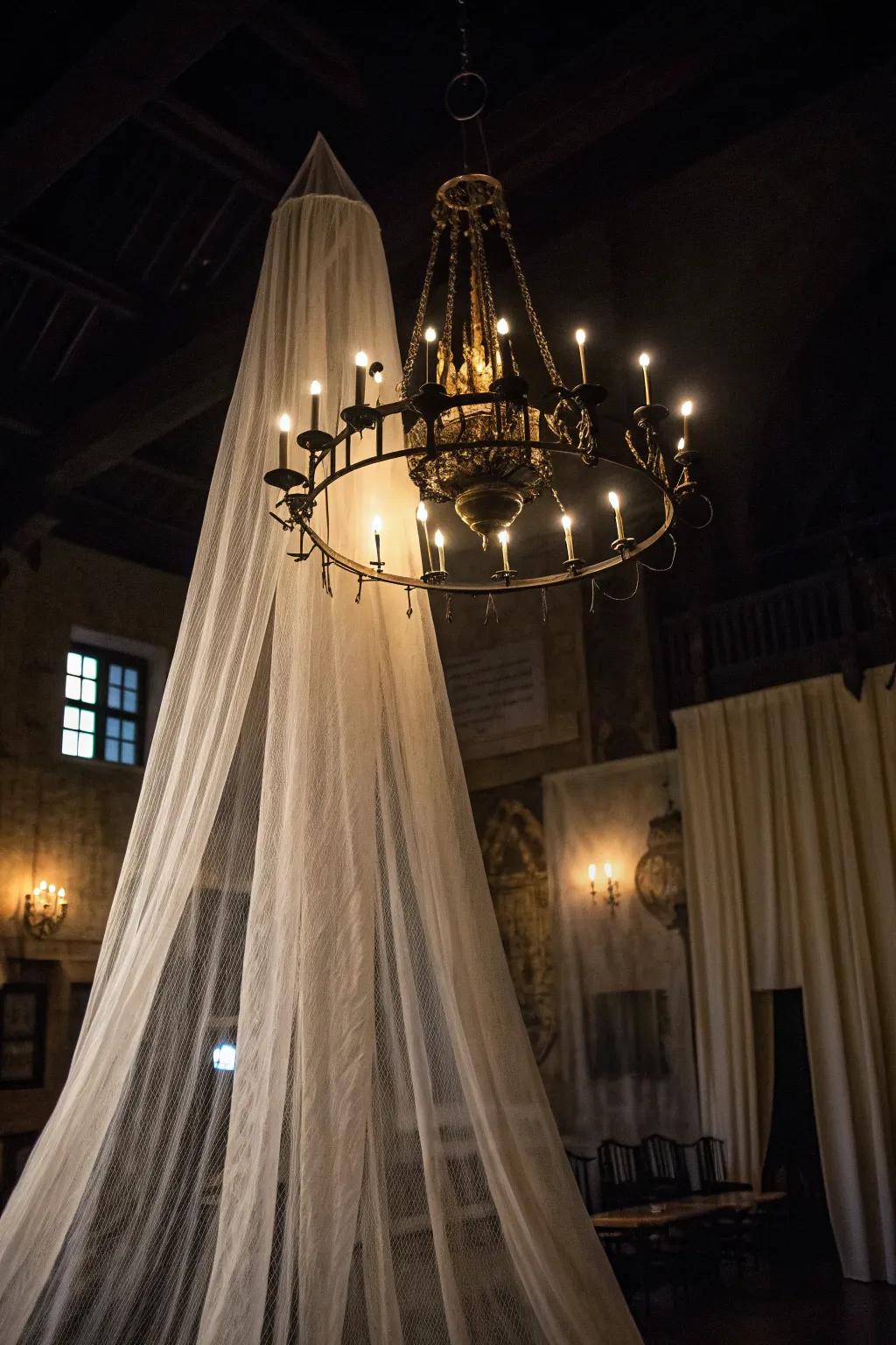Muslin imparts a ghostly allure to any chandelier.