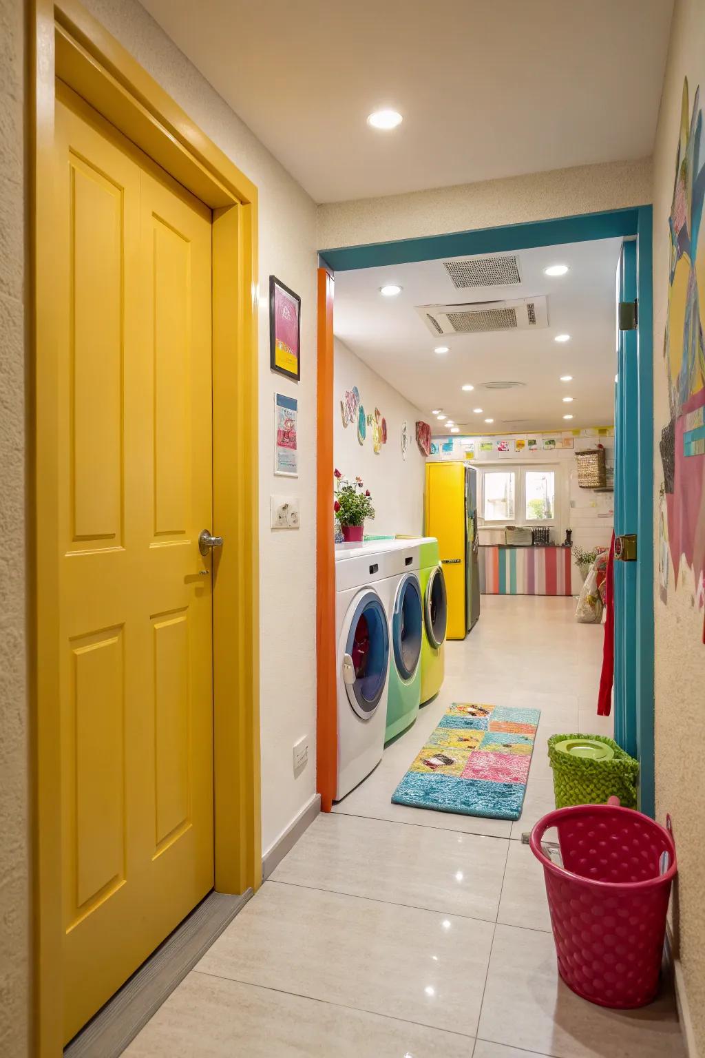 A boldly colored door applies a vibrant and playful touch to a corridor washing room.