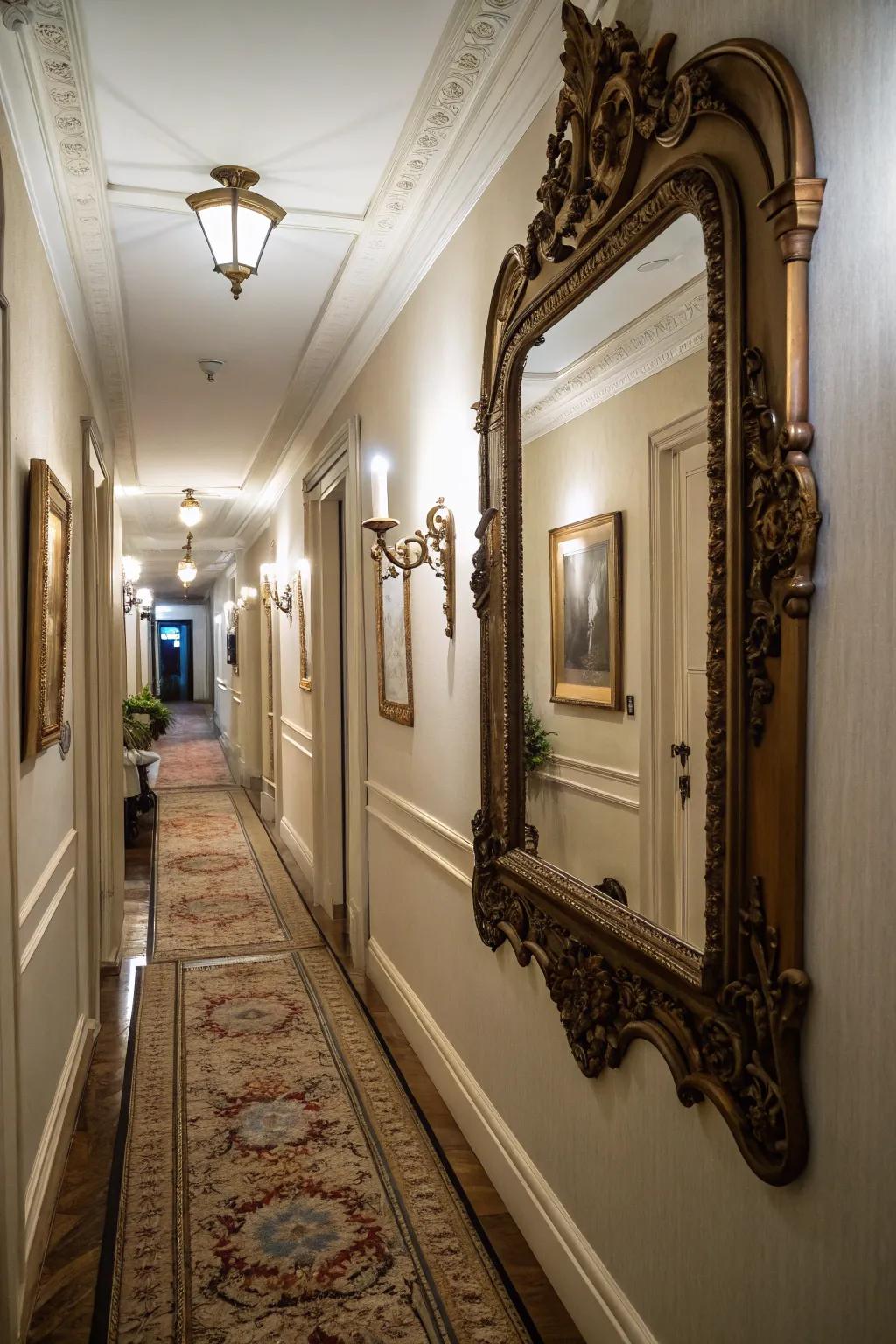 Vintage mirrors imbue hallways with character and charm.