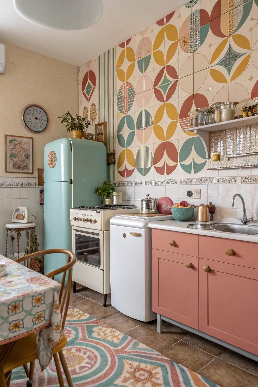 Retro patterns add nostalgic charm to this kitchen.