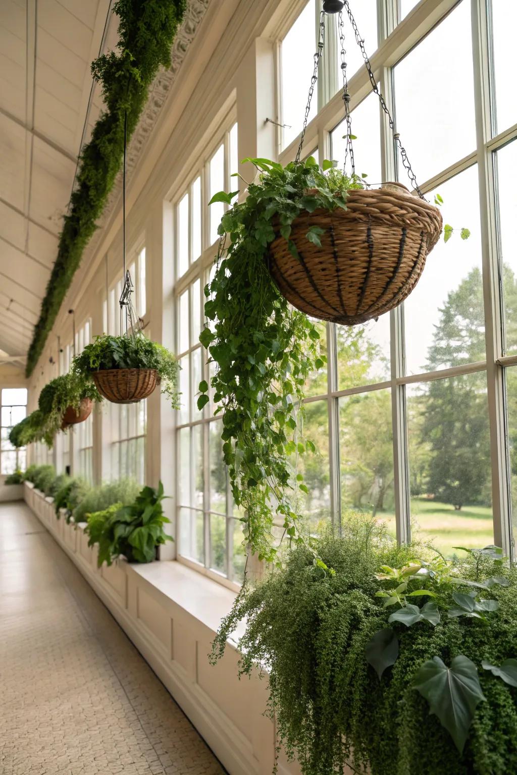 Bring the outdoors in with hanging basket gardens.