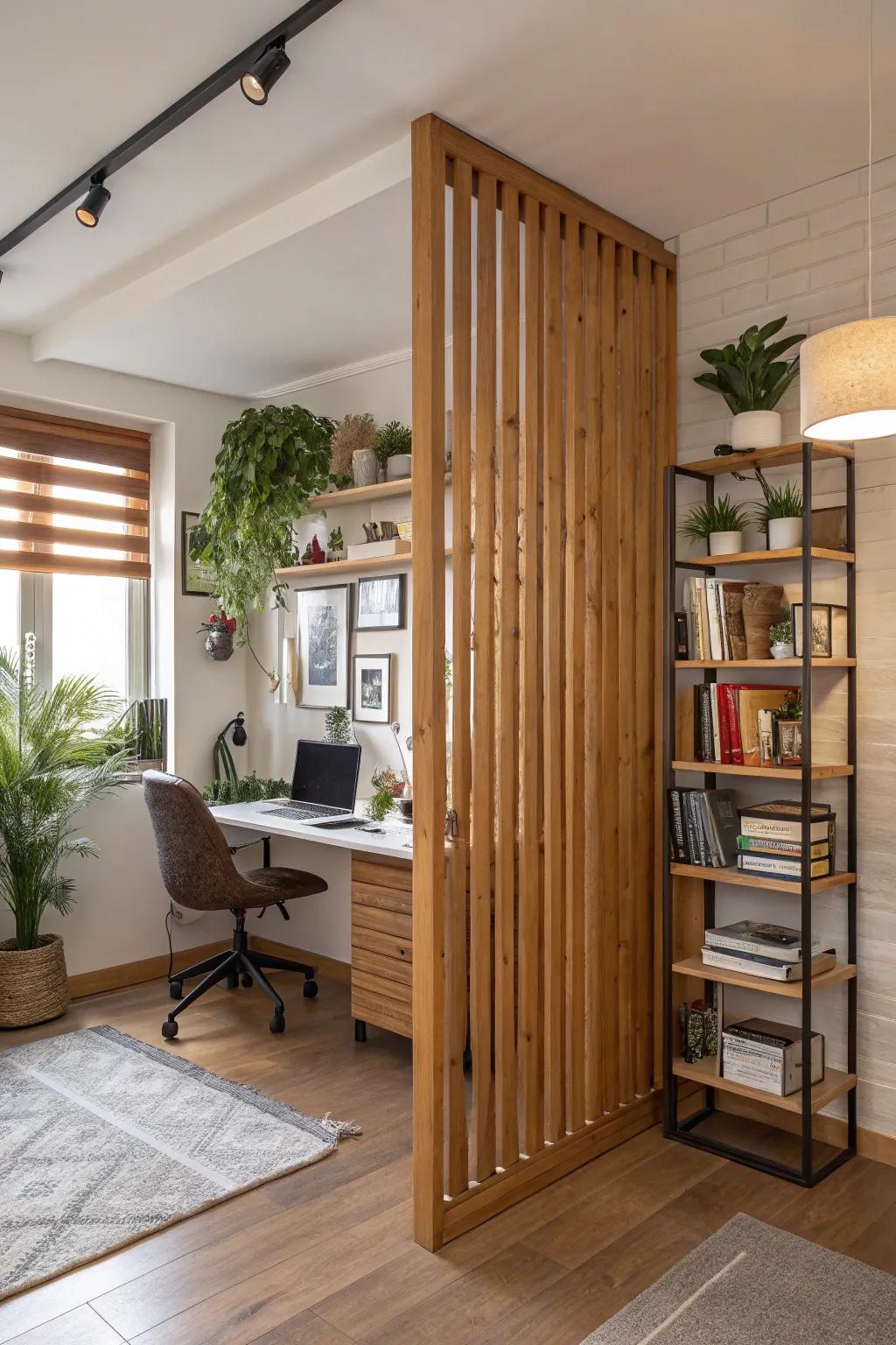 Wooden slats introduce warmth and an organic feel.