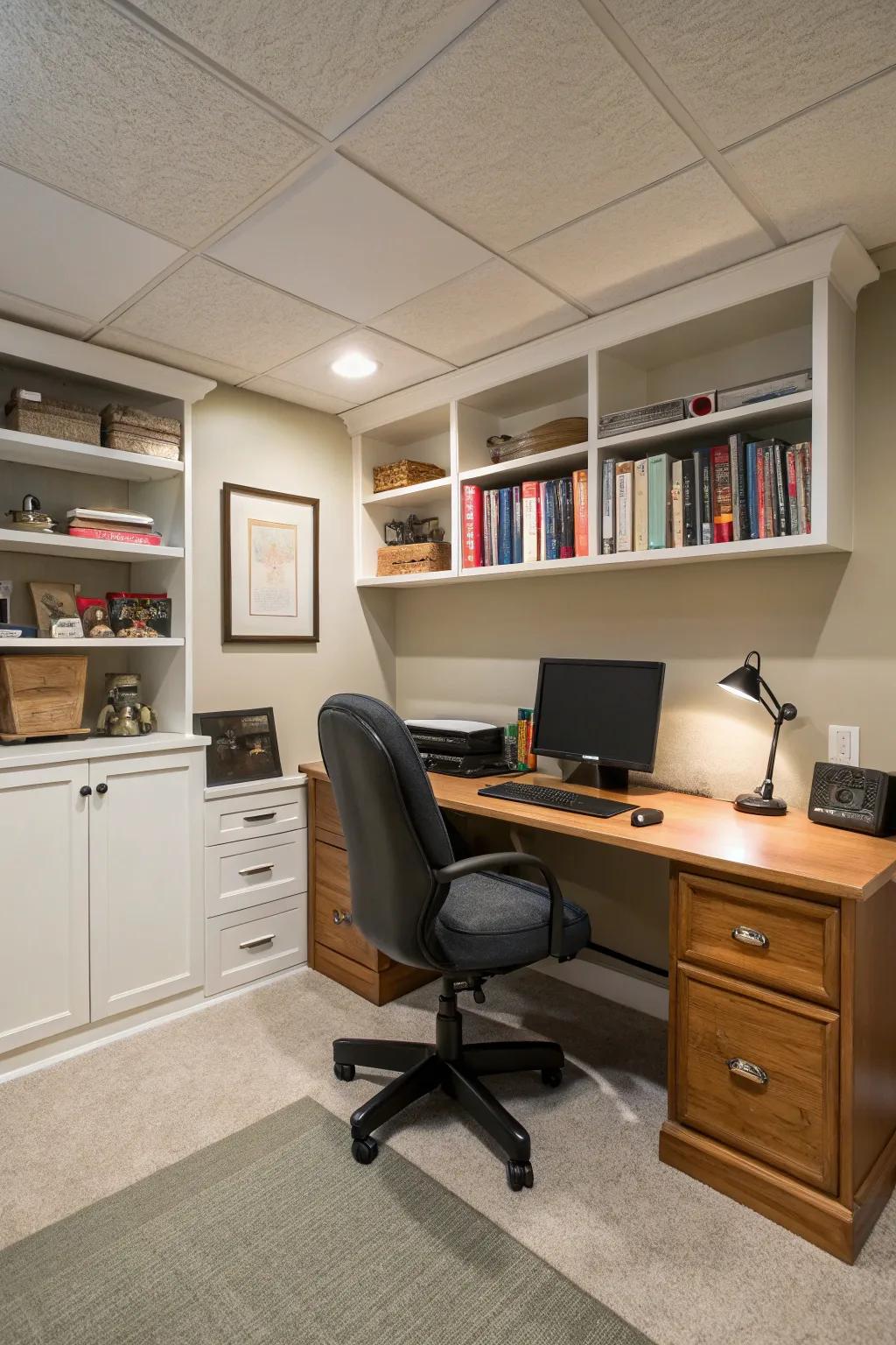 Design a basement office that combines productivity with comfort.