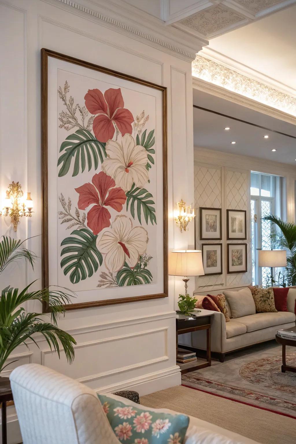 An artwork with flower patterns attaching gracefulness to a family room.