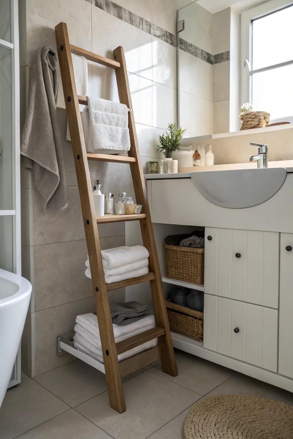 A ladder rack hiding a medicine cabinet within a modern restroom.