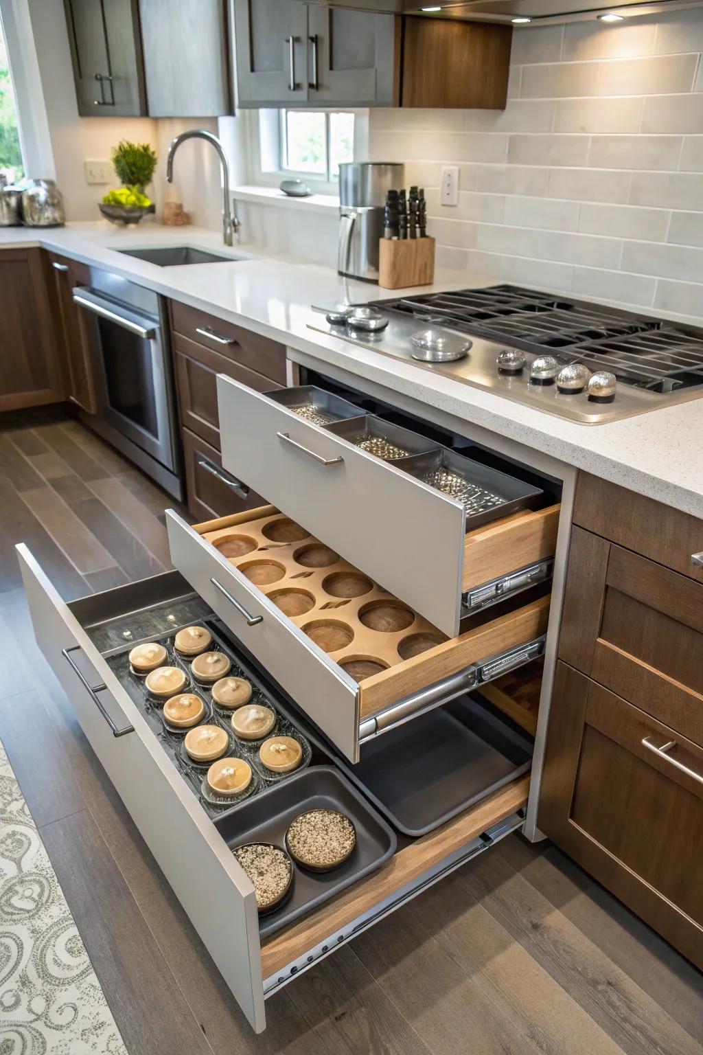 Efficient kitchen storage with toe-kick drawers