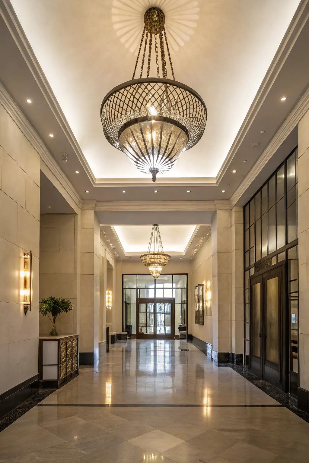 Sculptural lighting fixtures create a striking visual statement.