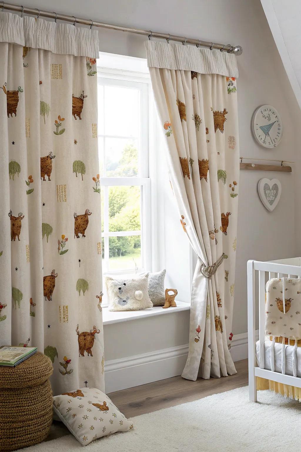 Curtains with meadow cow patterns add elegance and function.