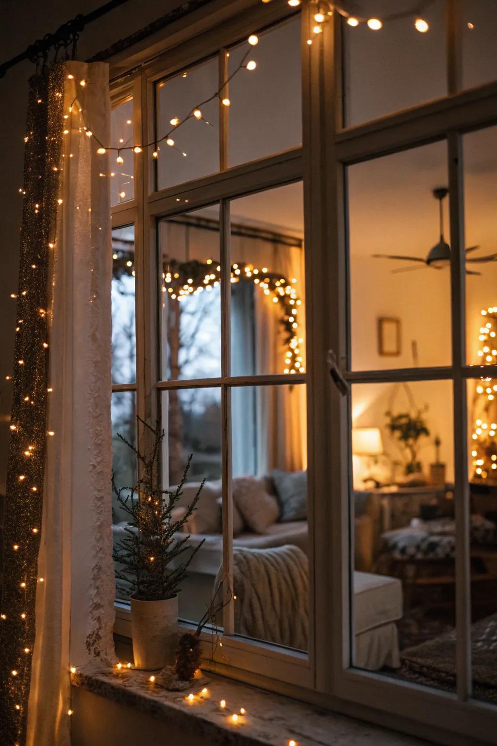 Windows radiant with festive twinkling lights.