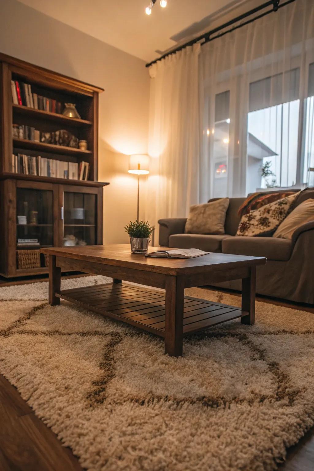A plush textured rug that adds warmth and style to the living room.