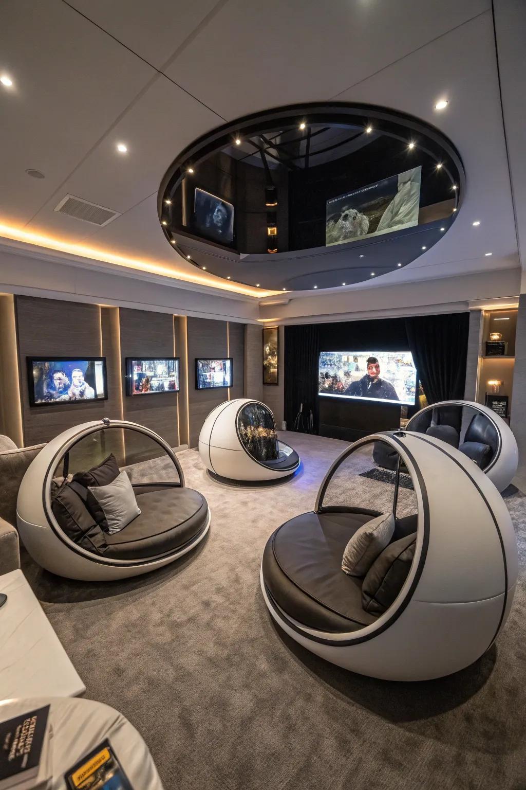 Theater pods offer a futuristic and immersive viewing experience.