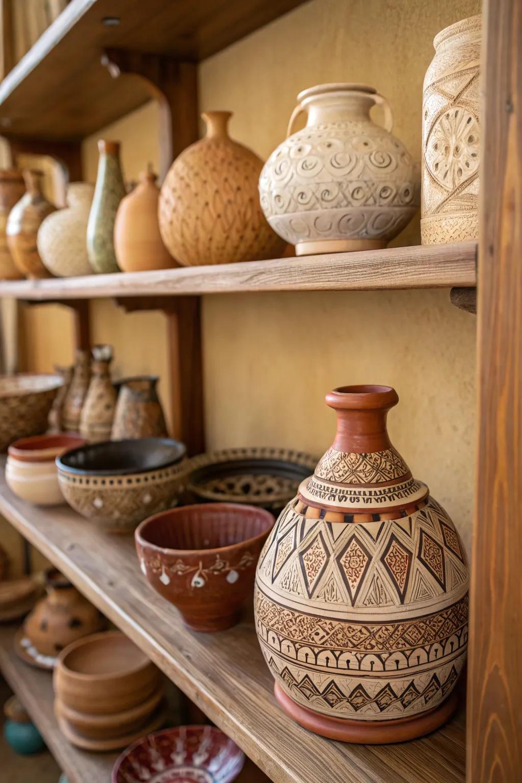 Handcrafted pottery adding an artisanal essence.