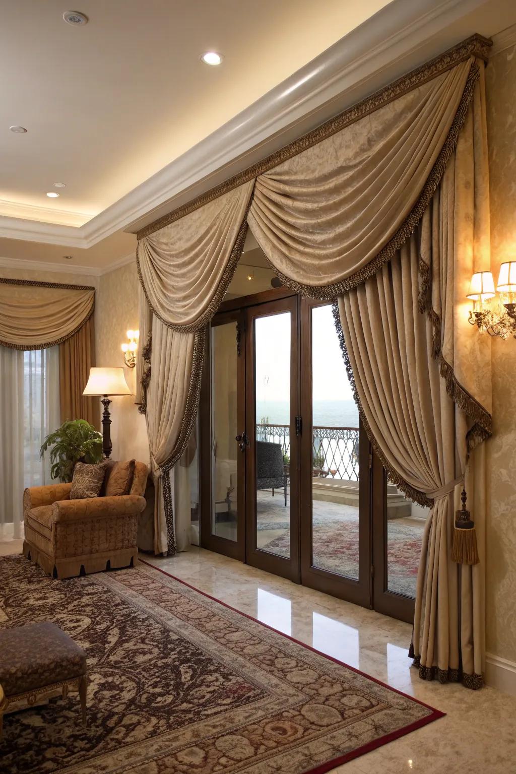 Layered drapery adds depth and luxury.