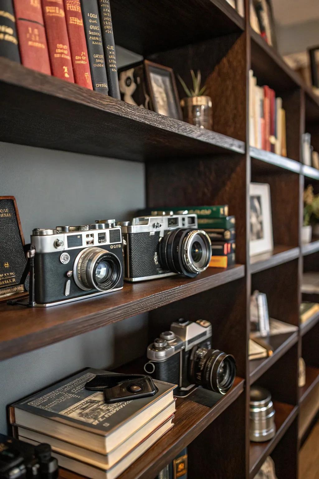 Bookshelf showcasing a collection of vintage cameras.