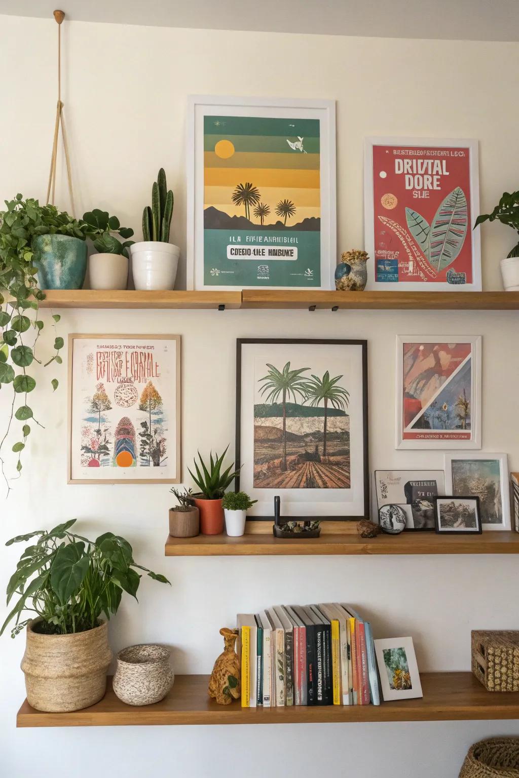Floating shelves offer a flexible poster display solution.