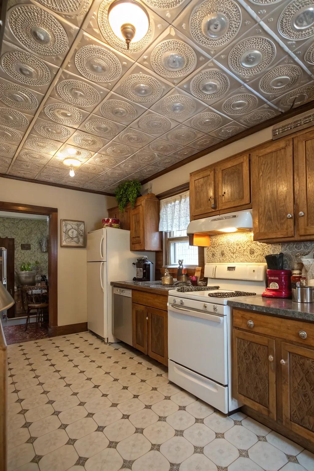 A vintage-style kitchen featuring ornamental metal panel roofs.
