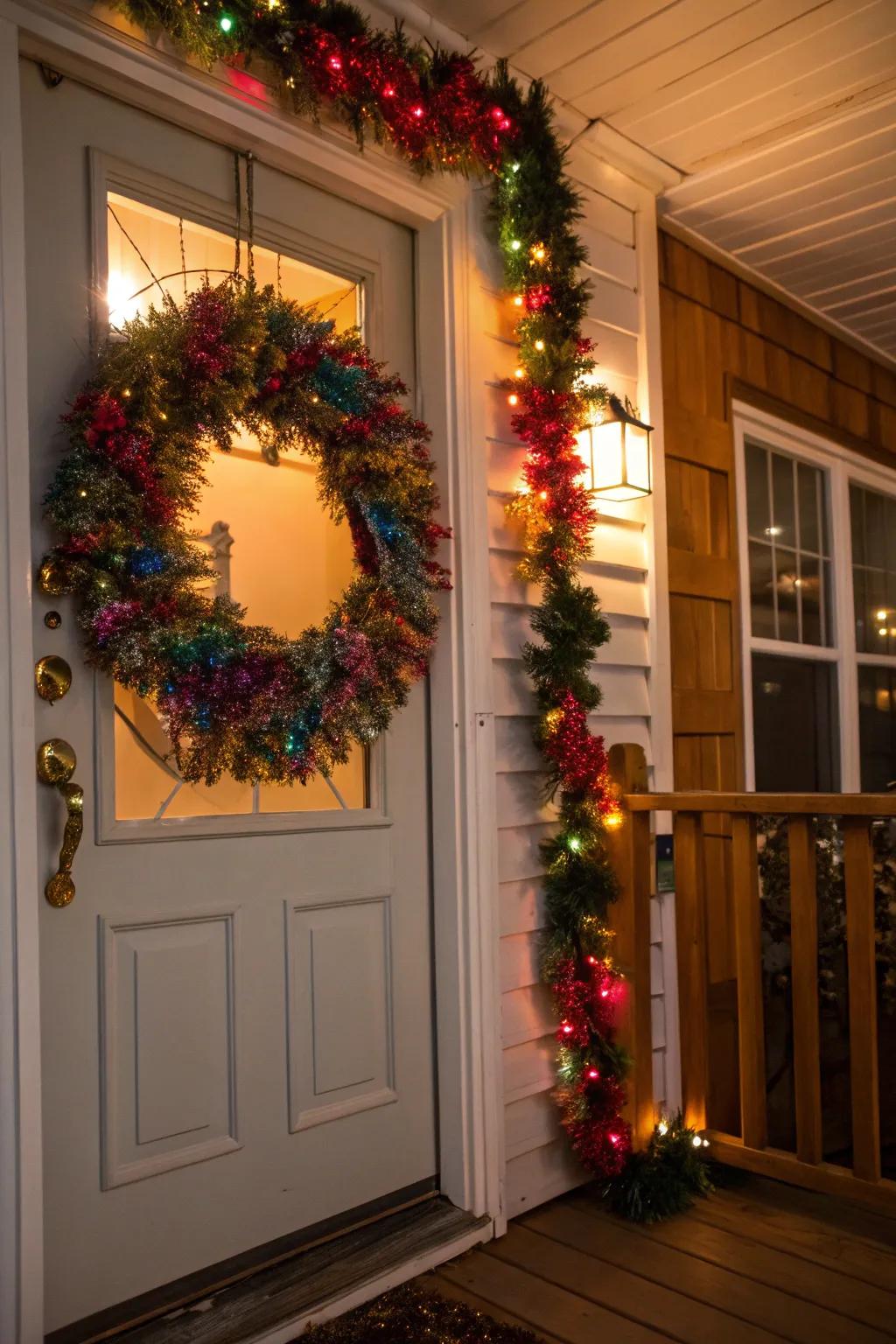 A holiday garland elevated using bright sparkle ribbon.