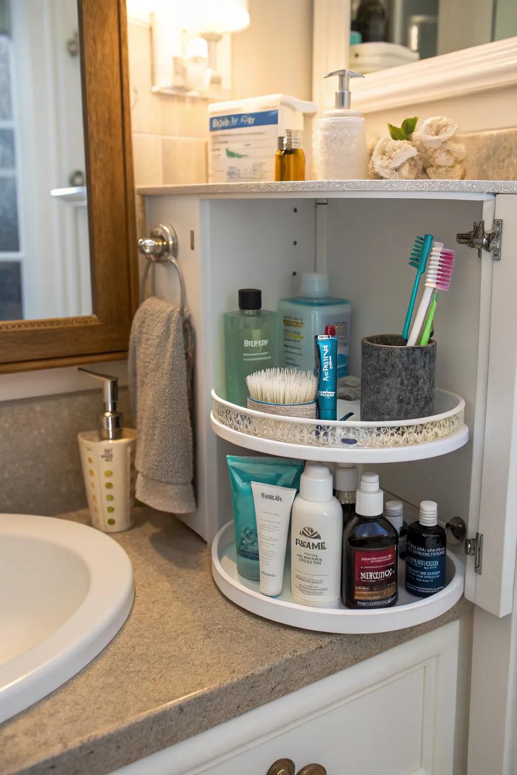 Spinning Tray inside a cabinet, providing simple access to items stored in the back.