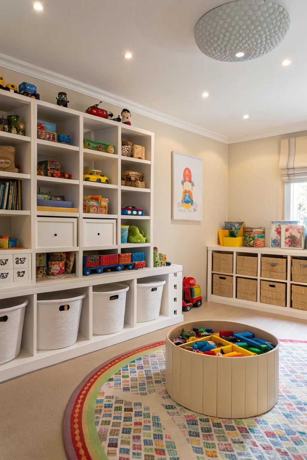 A rotating toy library keeps the play area fresh and manageable.