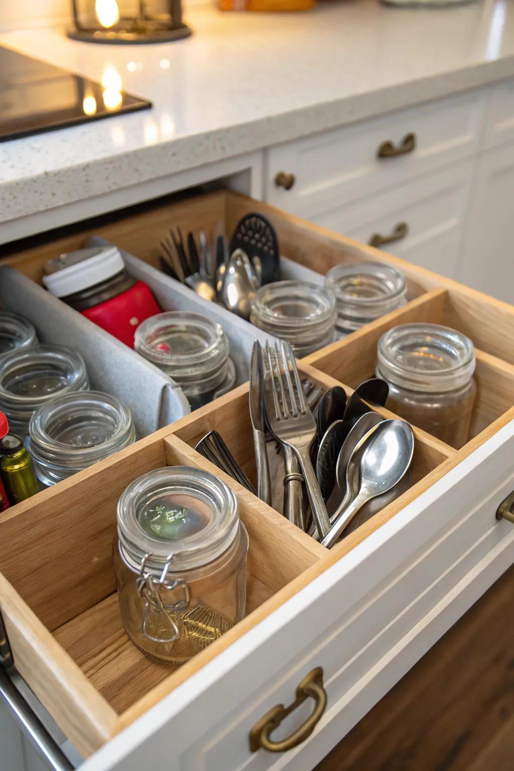 Mason jars used inventively for organizing utensils.