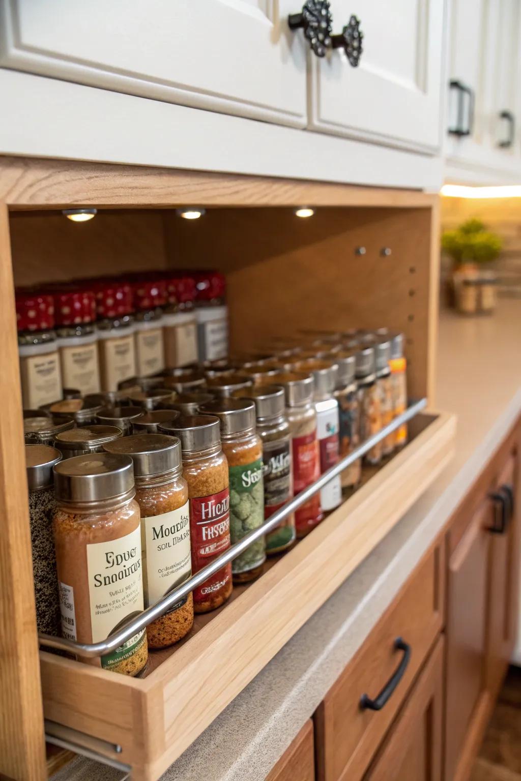 Hanging shelves cleverly conceal and arrange spices.
