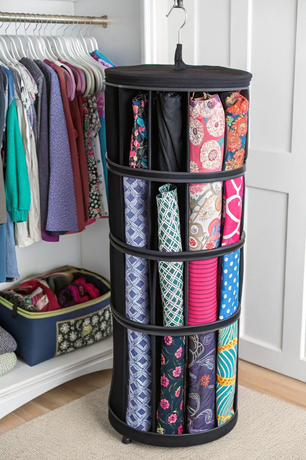 A revolving wardrobe organizer changes leggings storage in tight spaces.