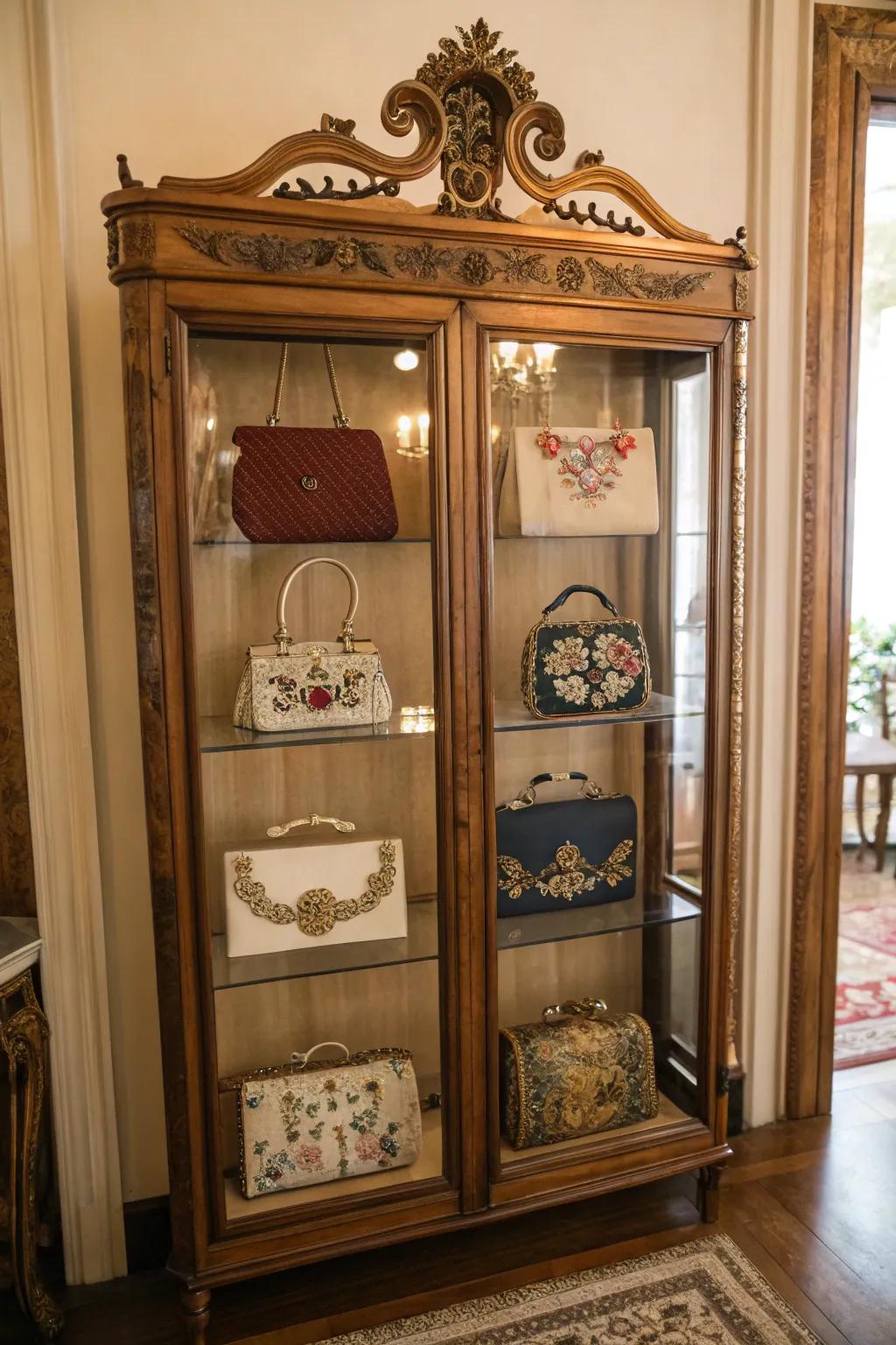 A vintage cabinet elegantly storing and displaying handbags.