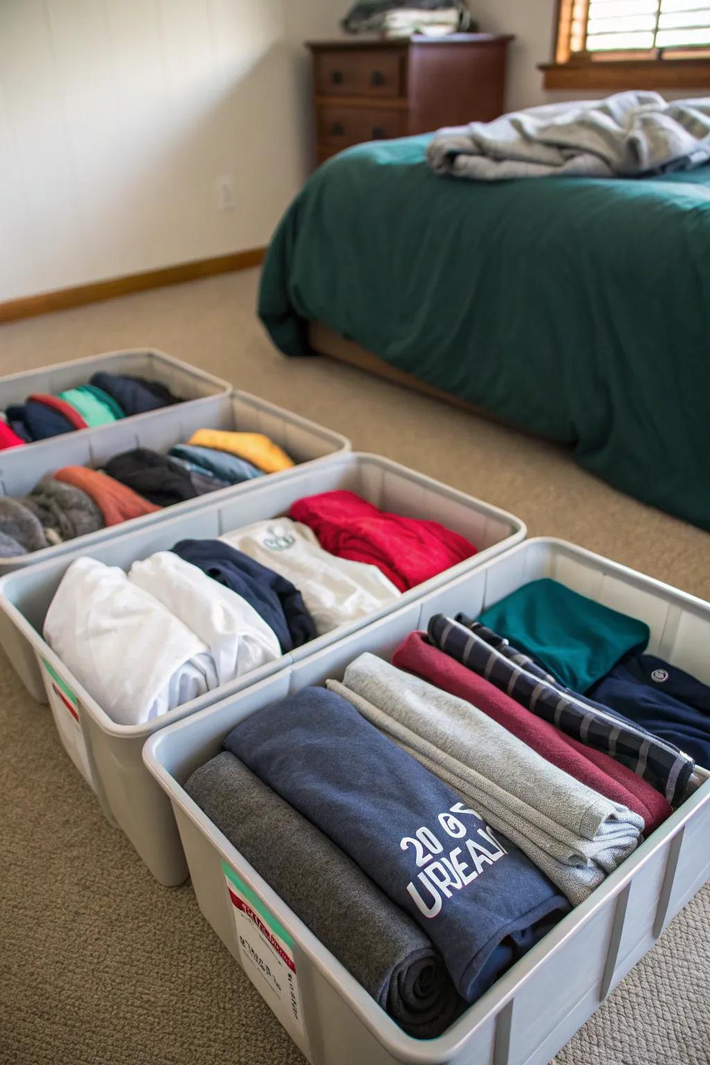 Under-bed storage keeps out-of-season sweatshirts tucked away.