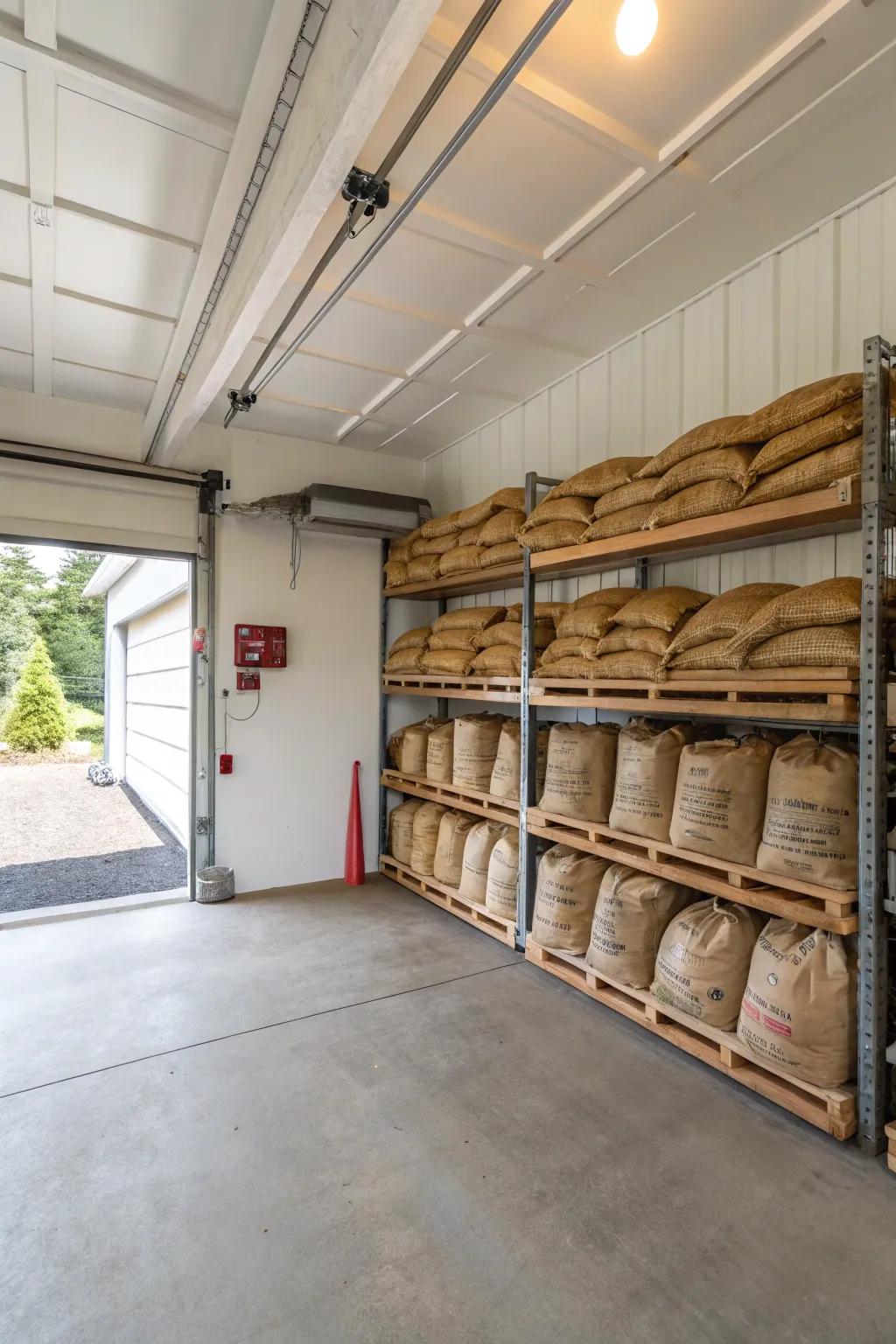 Overhead stockpiling frames are perfect for maximizing garage area for pellet stockpiling.