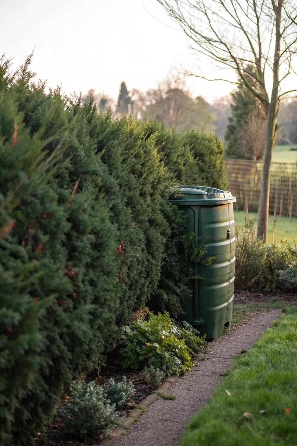 This compost bin is cleverly hidden by thick evergreen bushes.
