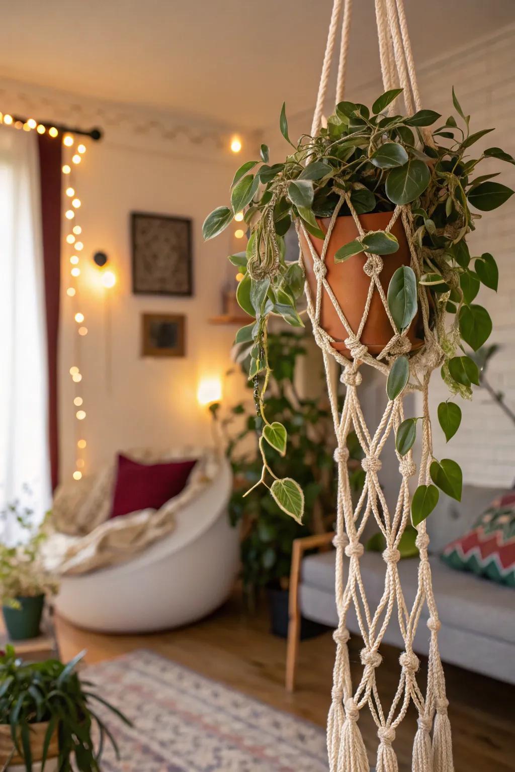 A bohemian-inspired home showcases a Sweetheart plant on a woven trellis.