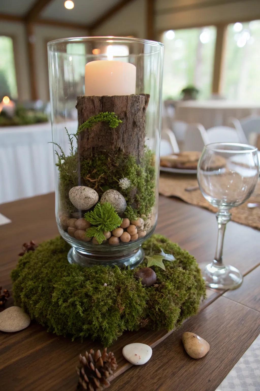 A mini terrarium inside a hurricane vase for a touch of woodland whimsy.