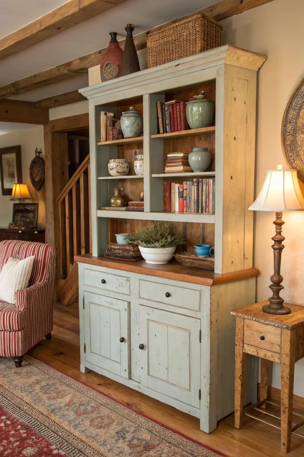 Rustic and refined elements harmonize in this visually striking hutch.