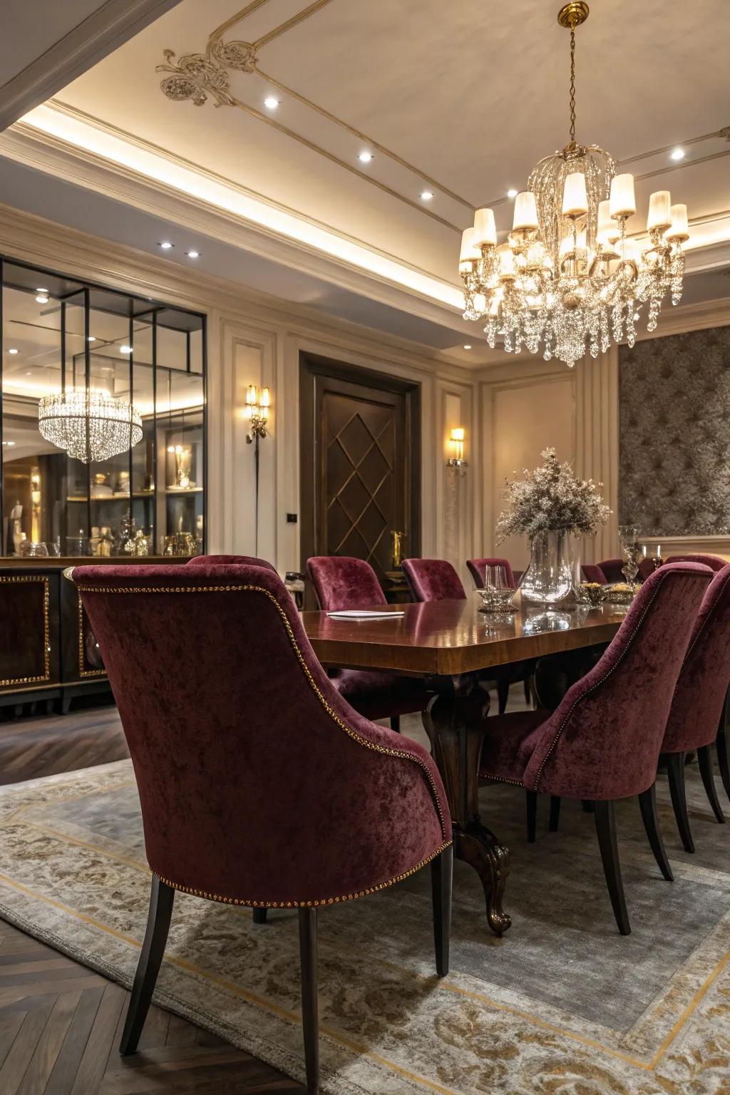 Opulent warmth with velvet seating covers.
