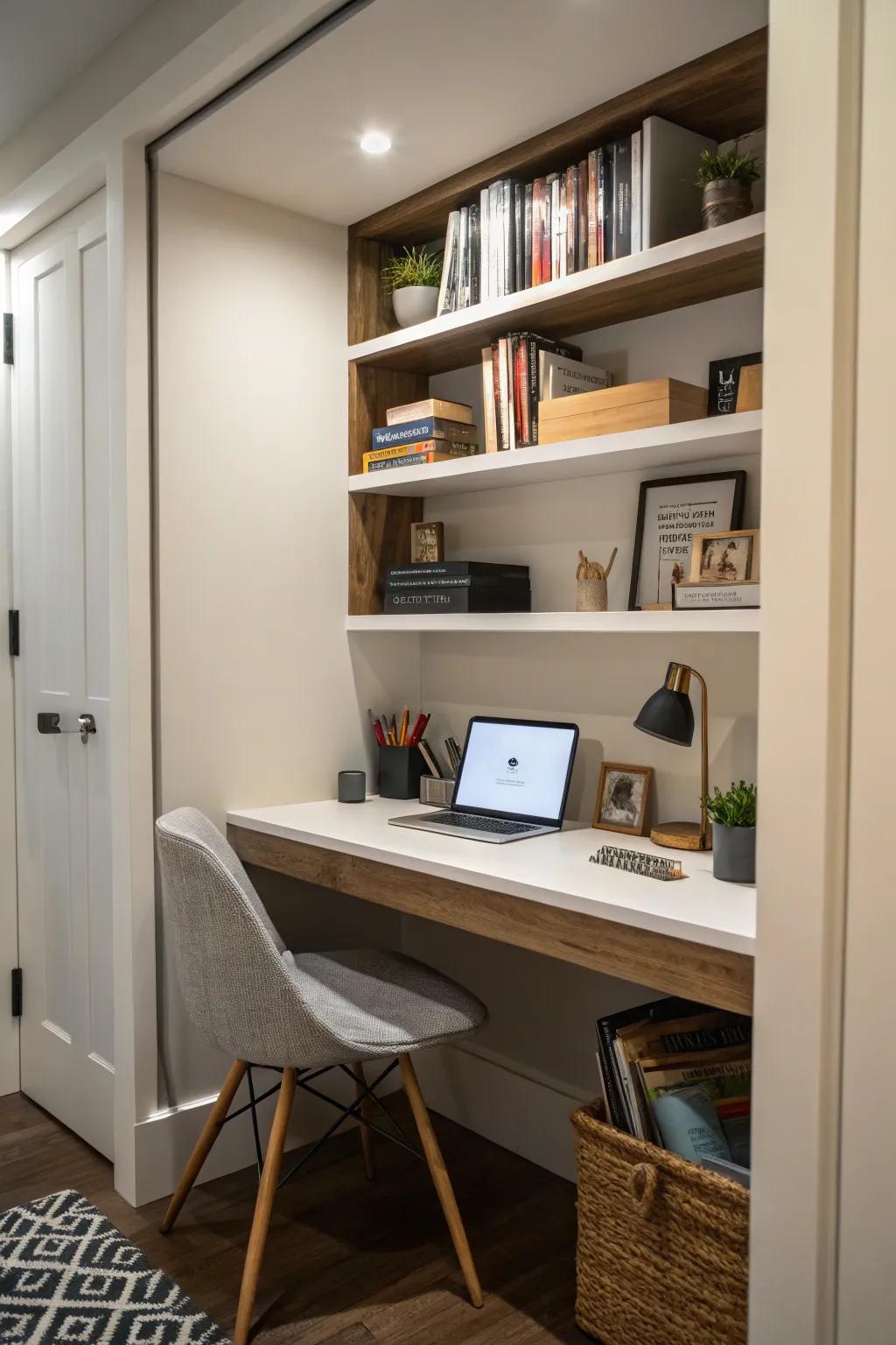 Design a functional and discreet office space with in-wall shelves.