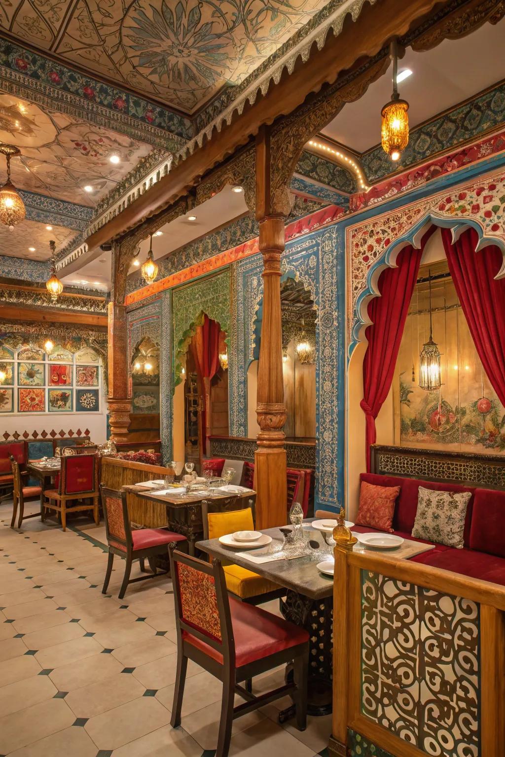 Cultural patterns subtly enhance the restaurant's decor.