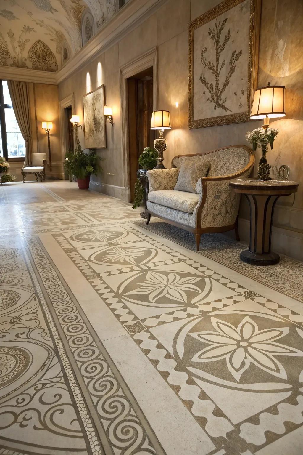 Stenciled designs add a custom touch to concrete floors.