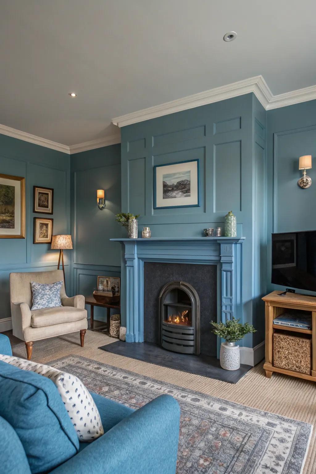 A family room with a single-color blue fireplace and matching walls, creating a harmonious aesthetic.