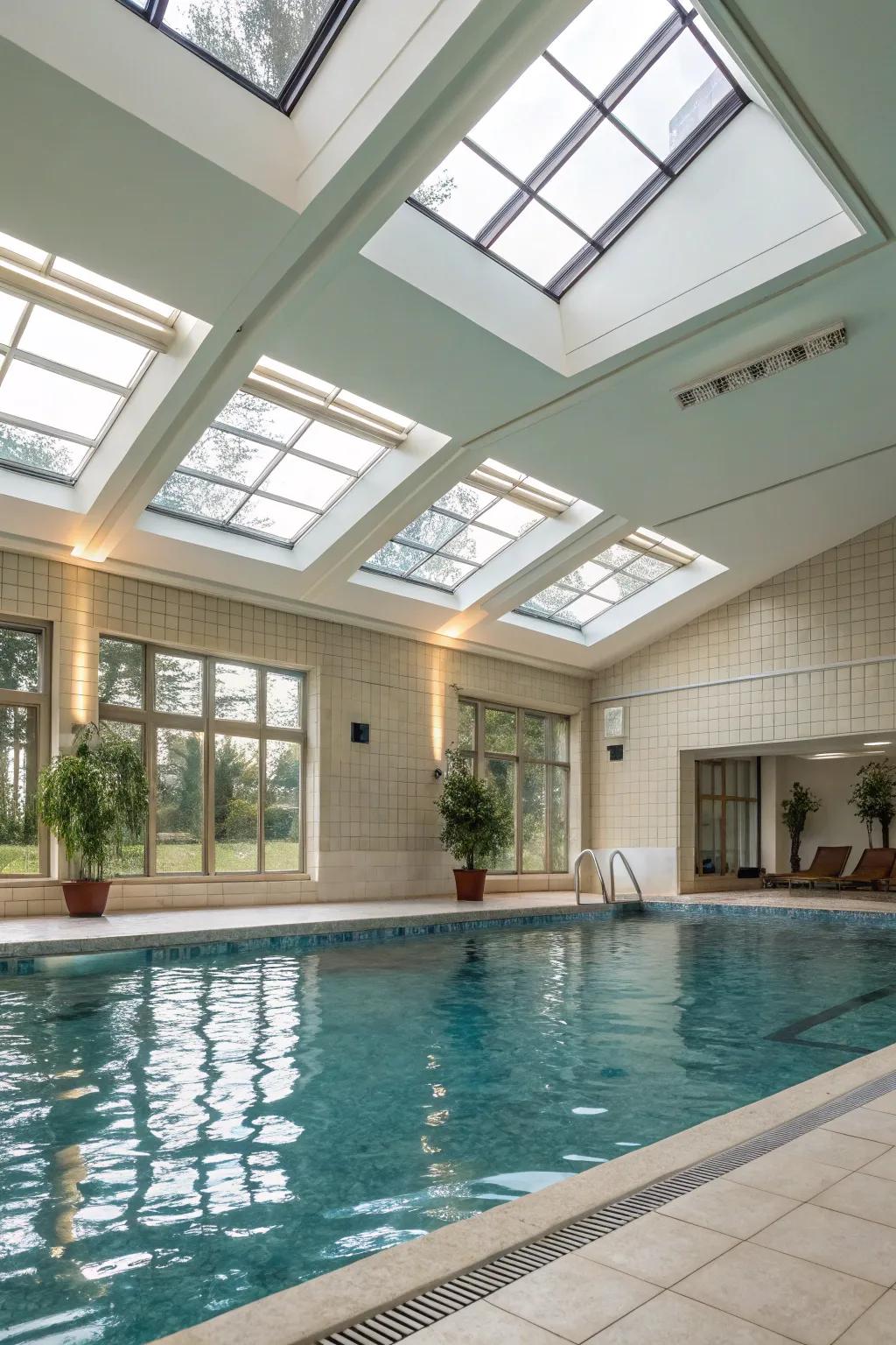 An indoor pool drenched in natural light originating from skylights