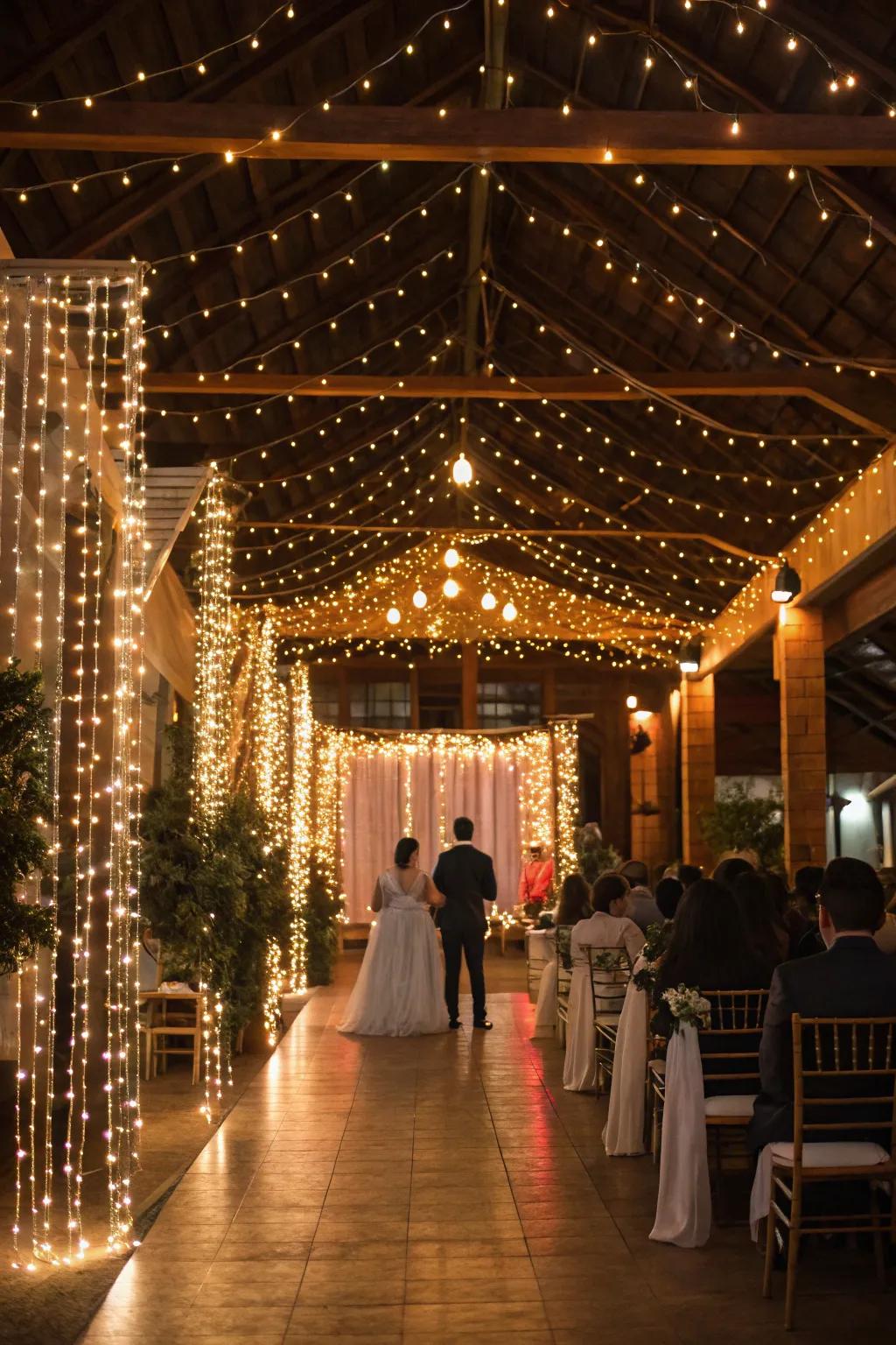 Fairy light drapery adding charm and magic to the wedding.