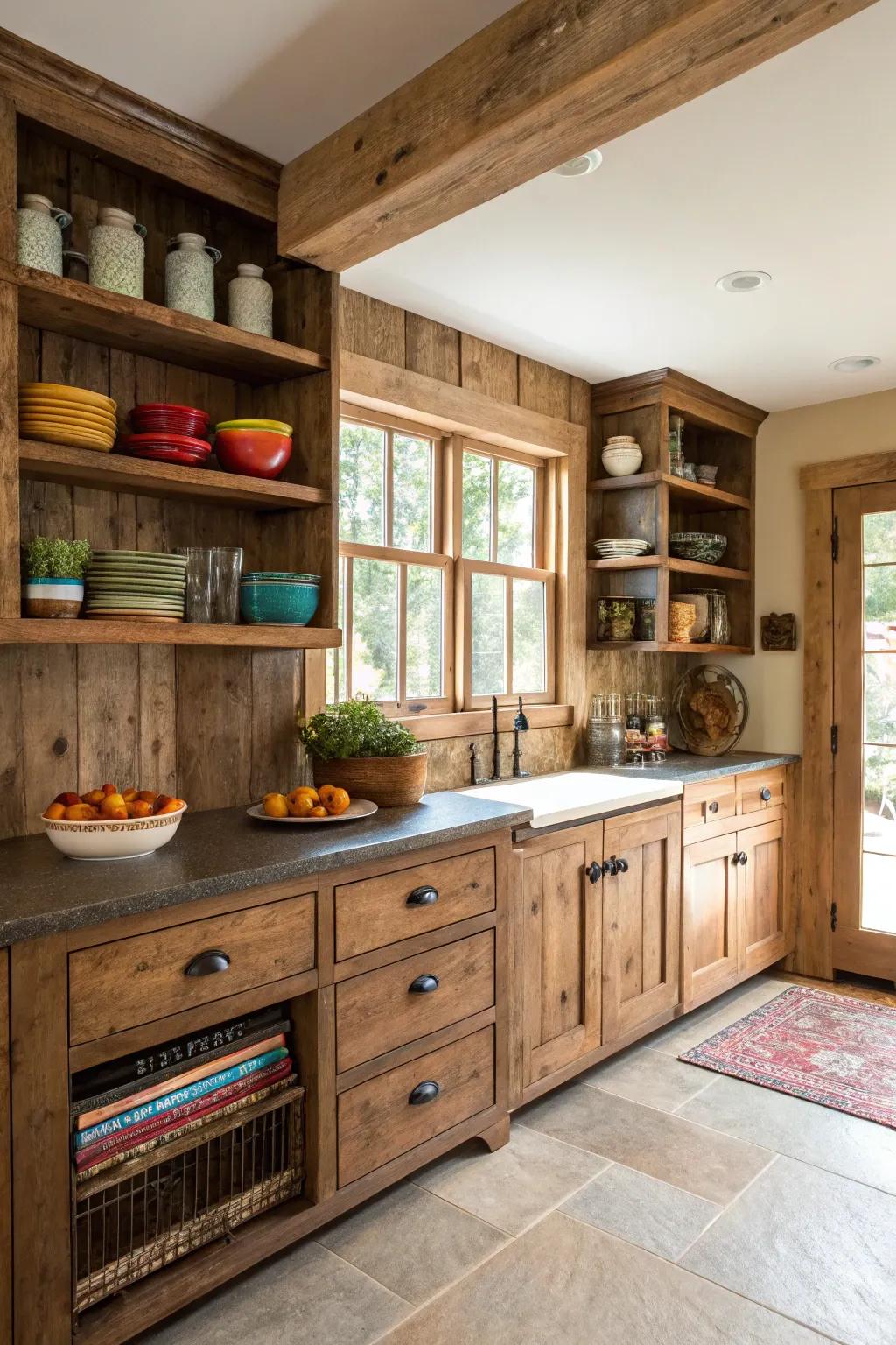 Accessible shelving accentuates country allure and practicality.