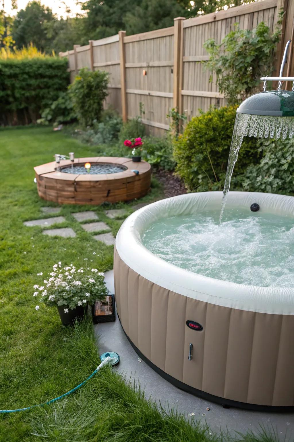 A water feature infuses tranquility into the hydro-haven setting.