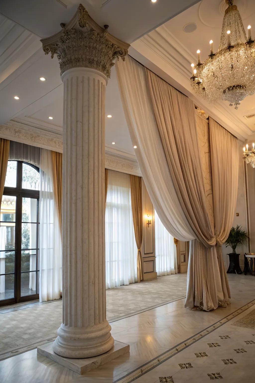 Drapes softening and framing columns.