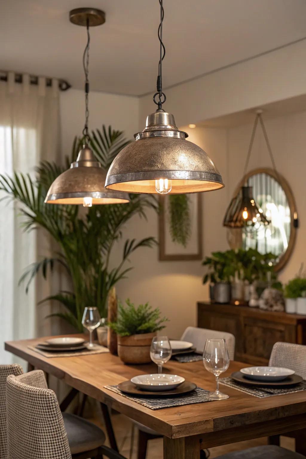 Metallic hanging lights adding glamour to a dining space.