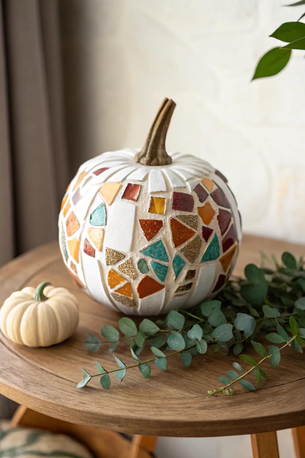 Craft a unique mosaic pumpkin that combines playful hues with minimalist elegance, ideal for your autumn d&eacute;cor.