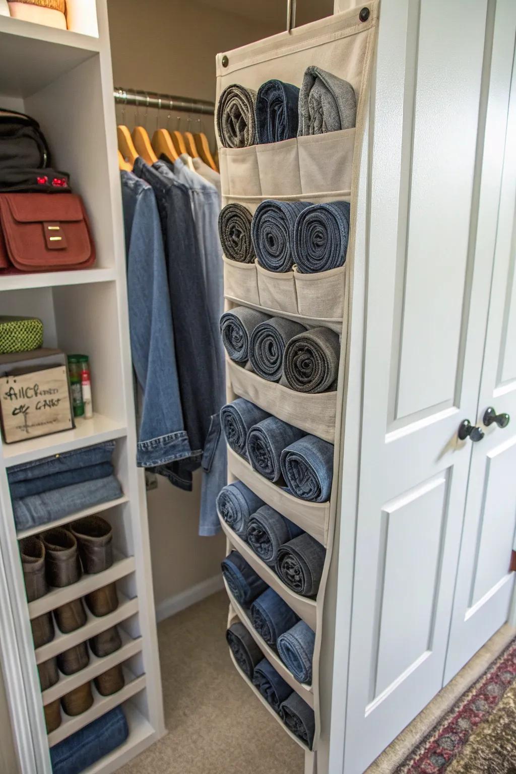 Repurpose a shoe organizer for a clever jeans storage hack.