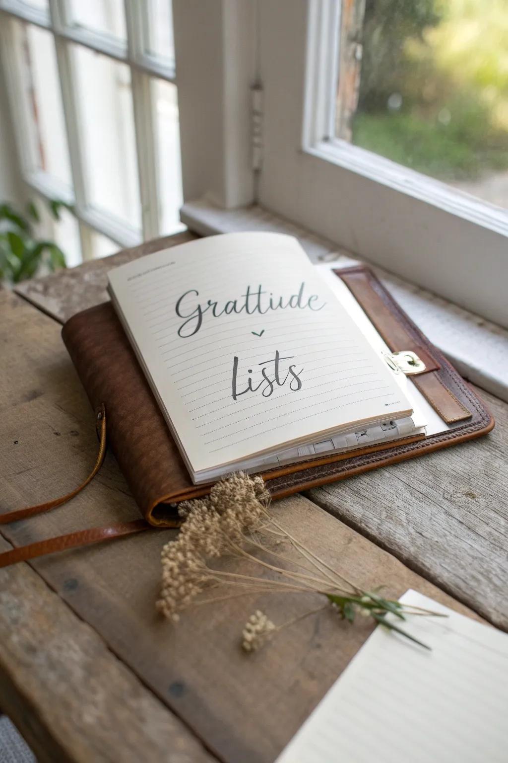 Embrace positivity with a gratitude list, beautifully penned in a handcrafted journal.