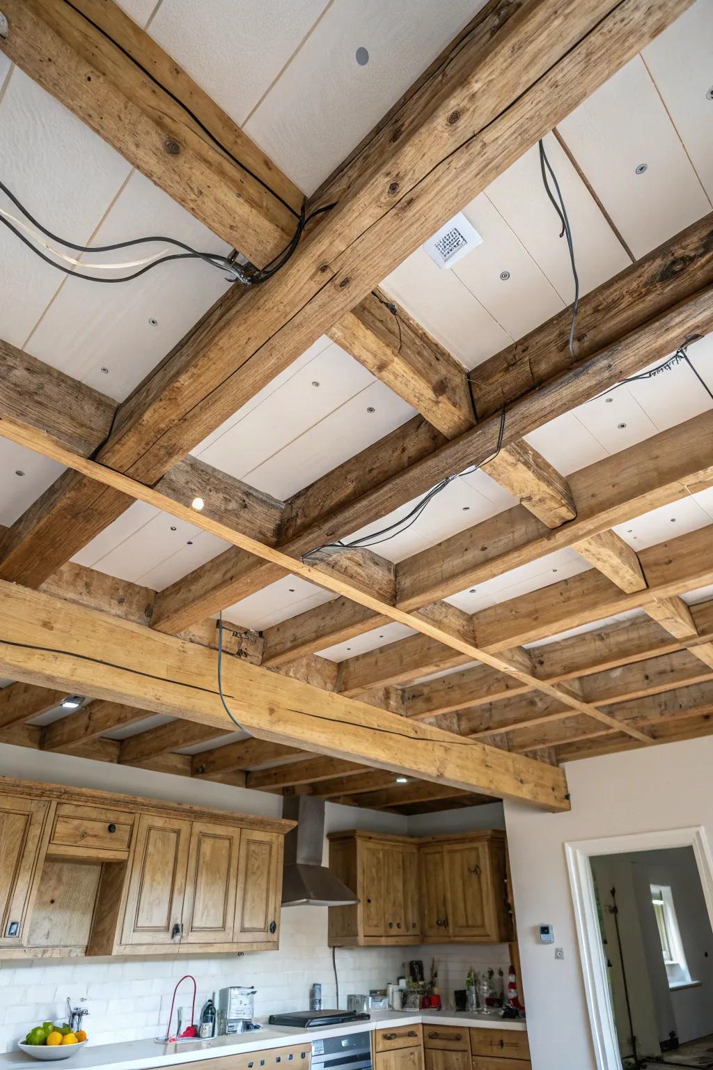 Use beams to stylishly conceal ceiling imperfections.